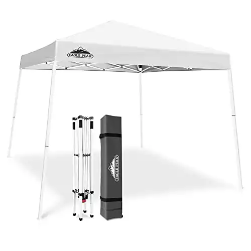 EAGLE PEAK 10x10 Slant Leg Pop-up Canopy Tent Easy One Person Setup Instant Outdoor Beach Canopy Folding Portable Sports Shelter 10x10 Base 8x8 Top (White)