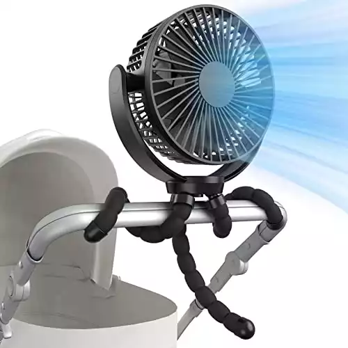 Jiffi 5000Mah Portable Battery Operated Fan, Baby Stroller Fan Flexible Tripod Small Clip on fan for Bike & Treadmill,USB Rechargeable and Handheld Cooling Fan for Travel, Car Seat, Golf Cart, Bed