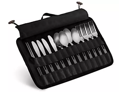 13 Piece Stainless Steel Family Cutlery Picnic Utensil Set with Travel Case for Camping | Hiking | BBQs - Includes Forks | Spoons | Knifes | Chopstick, Plus Nylon Commuter Case (Black)