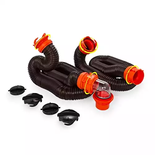 Camco RhinoFLEX 20-Ft Camper/RV Sewer Hose Kit | Features Clear Elbow Fitting w/Removable 4-in-1 Adapter | Connects to 3” Slip or 3”/3.5”/4” NPT Threaded Sewer Connection (39742)