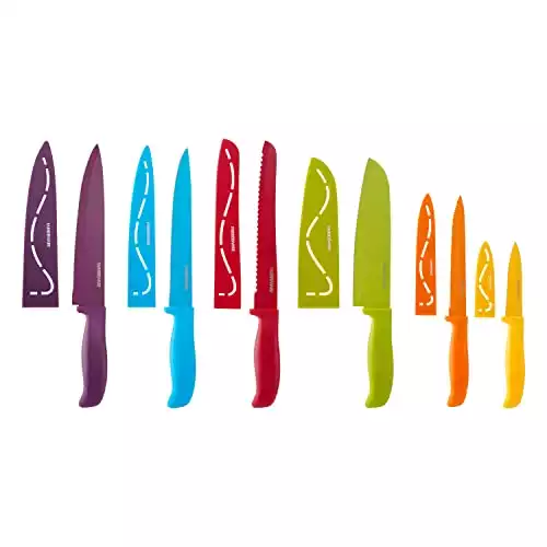 Farberware 12-Piece Non-Stick Resin, Dishwasher-Safe Kitchen Knife Set with Custom-Fit Blade Covers, Razor-Sharp, Multicolor