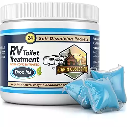 Cabin Obsession RV Toilet Treatment Drop Ins - 24 Easy Flush Self-Dissolving RV Black Tank Treatment Packets - Eliminate Odors and Break Down Waste Within Your RV Holding Tank
