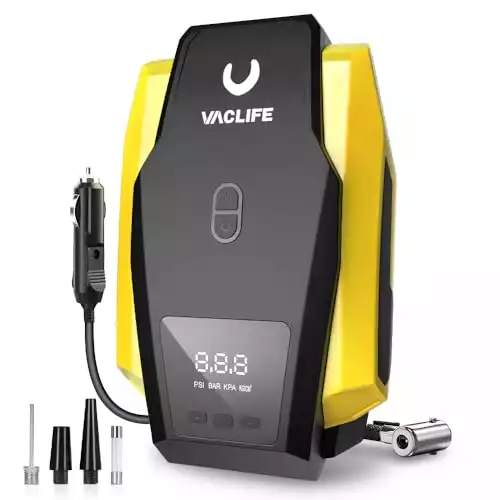 VacLife Tire Inflator Portable Air Compressor - Air Pump for Car Tires, 12V DC 100PSI Tire Pump for Bikes with LED Light, Digital Pressure Gauge, Car Accessories, Yellow (VL701)